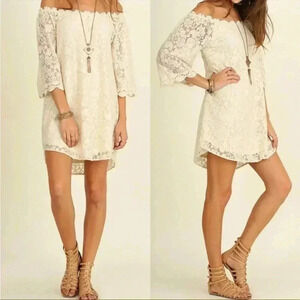 NWT Umgee Boho Ivory Babydoll Mini Dress Floral Crochet Lace Off Shoulder Sz S